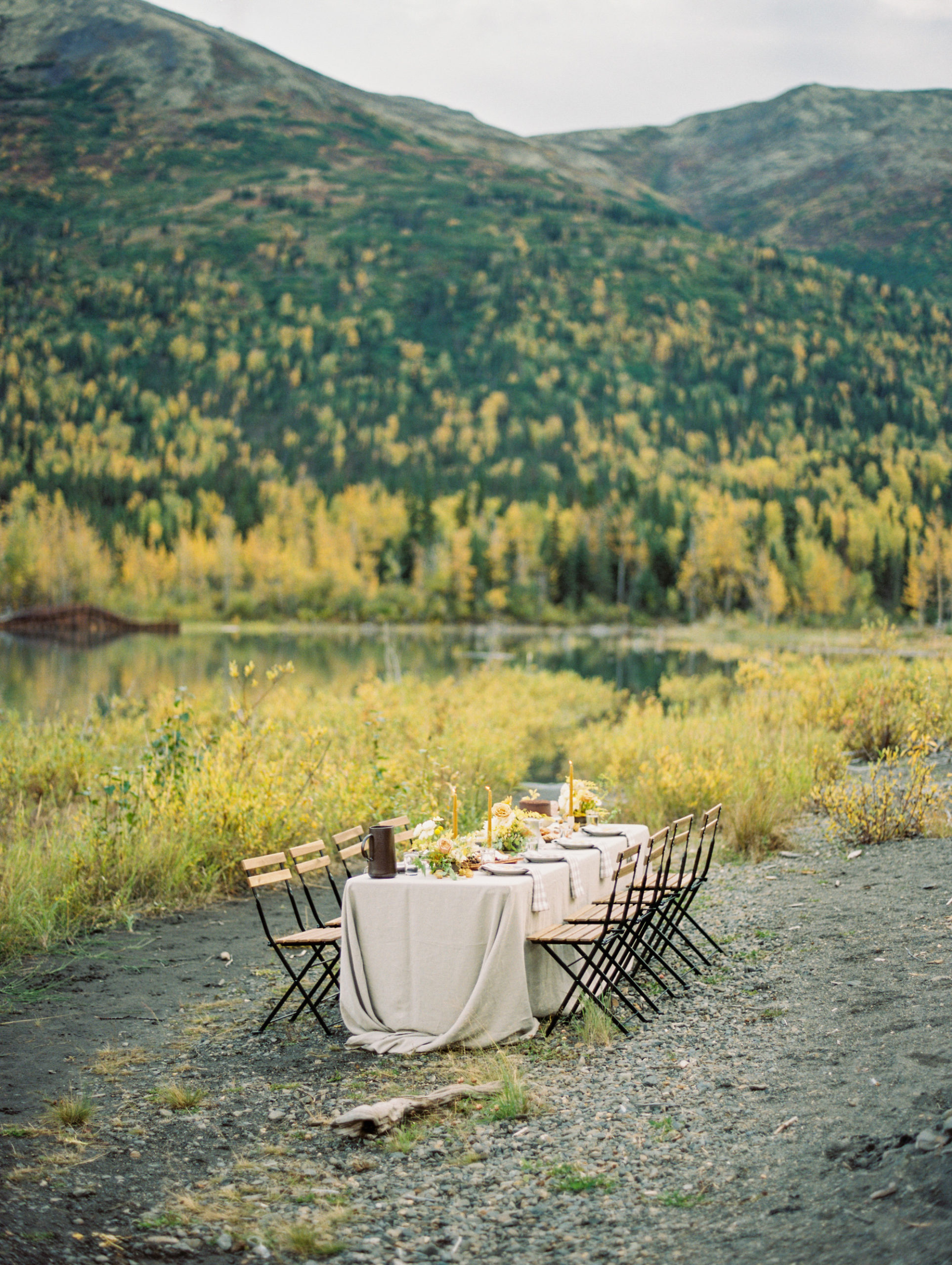 A fall table scape for a wedding, organic and natural in style. Location is Eklutna Lake, Alaska.